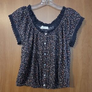 LUCKY BRAND Black and Coral Paisley Blouse Cropped Size XS